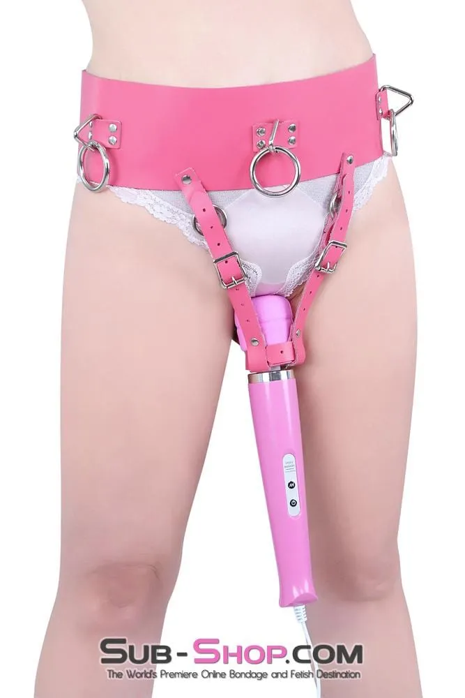 0560A      Ladies First Hot Pink Leather Bondage Forced Fantasy Orgasm Belt with Butt Plug Keeper