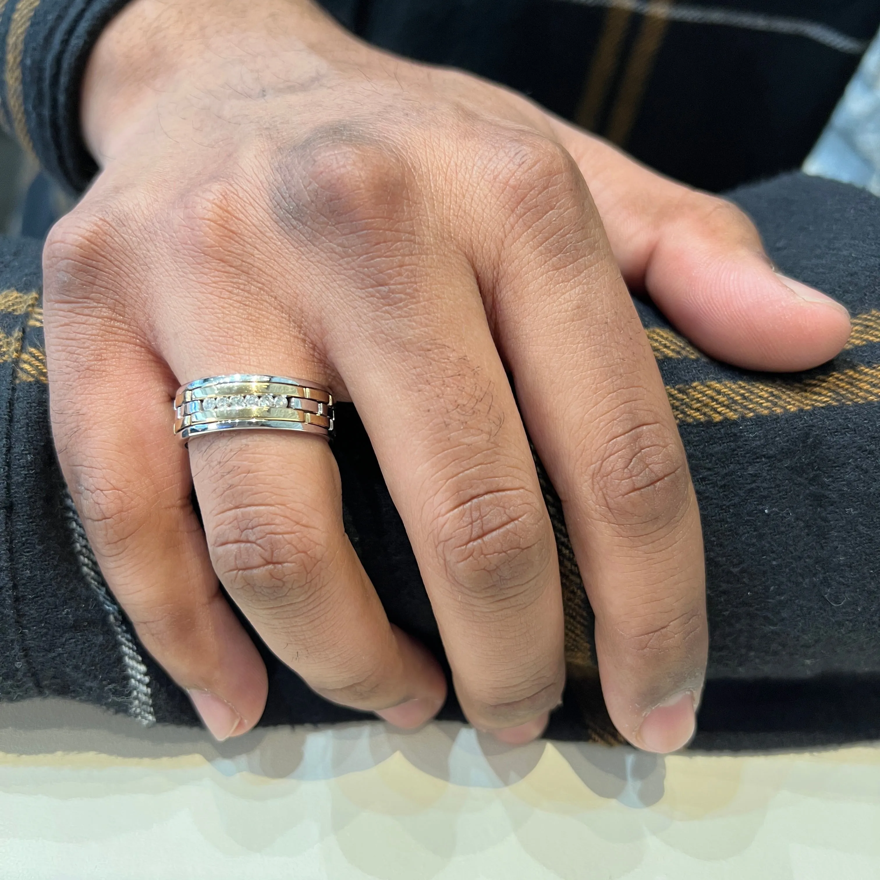 10K White and Yellow Gold (0.18ct) Channel Set Diamond Mens Band