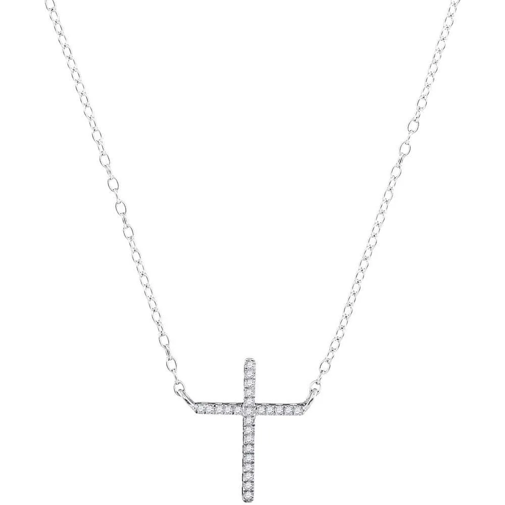 10K White Gold Womens Round Diamond Cross Religious Pendant Necklace 1/12 Cttw