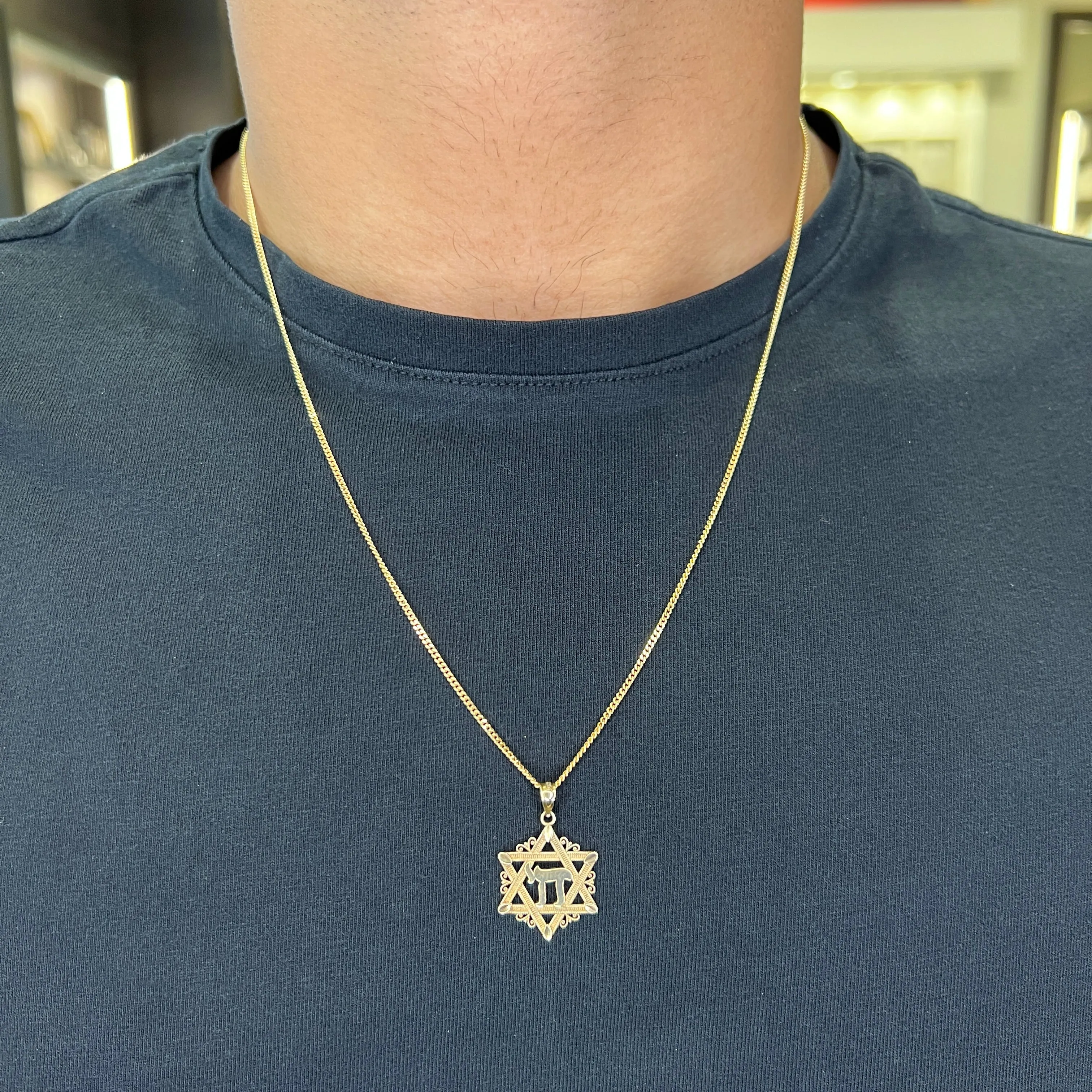 10K Yellow Gold (16mm) Star of David and Chai Pendant