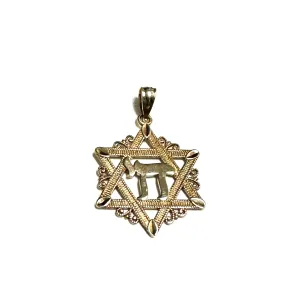 10K Yellow Gold (16mm) Star of David and Chai Pendant