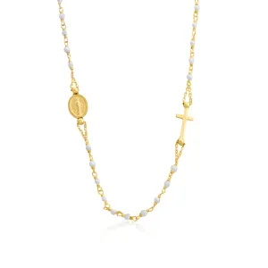 10K Yellow Gold and Pearl Miraculous Medal and Cross Rosary Necklace
