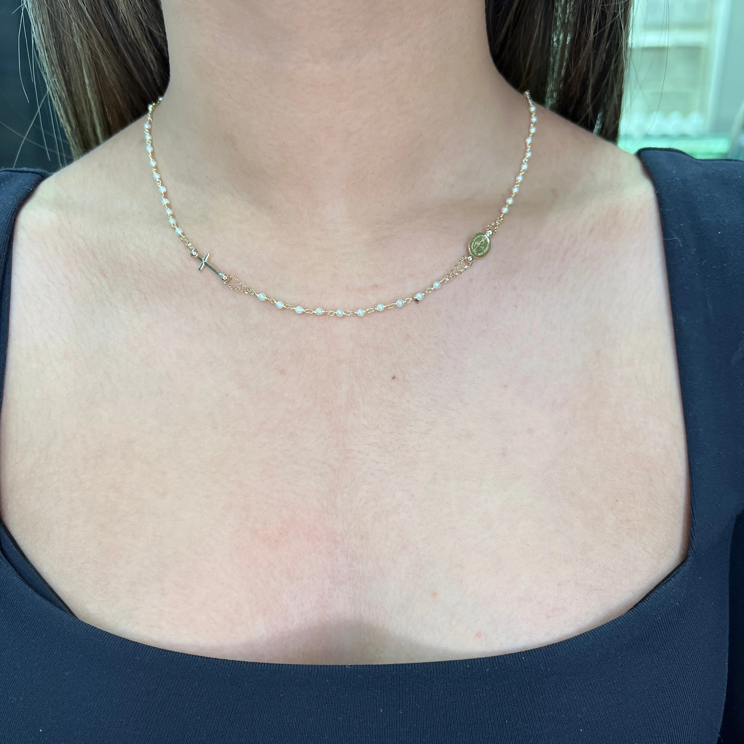 10K Yellow Gold and Pearl Miraculous Medal and Cross Rosary Necklace