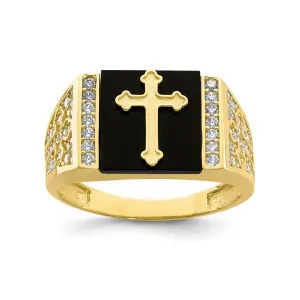 10K Yellow Gold CZ And Onyx Cross Men's Ring