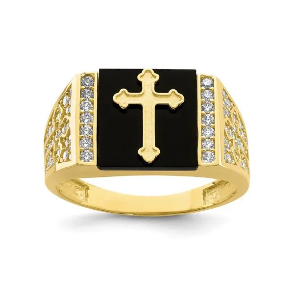 10K Yellow Gold CZ And Onyx Cross Men's Ring