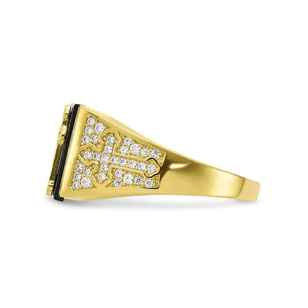10K Yellow Gold CZ And Onyx Cross Men's Ring