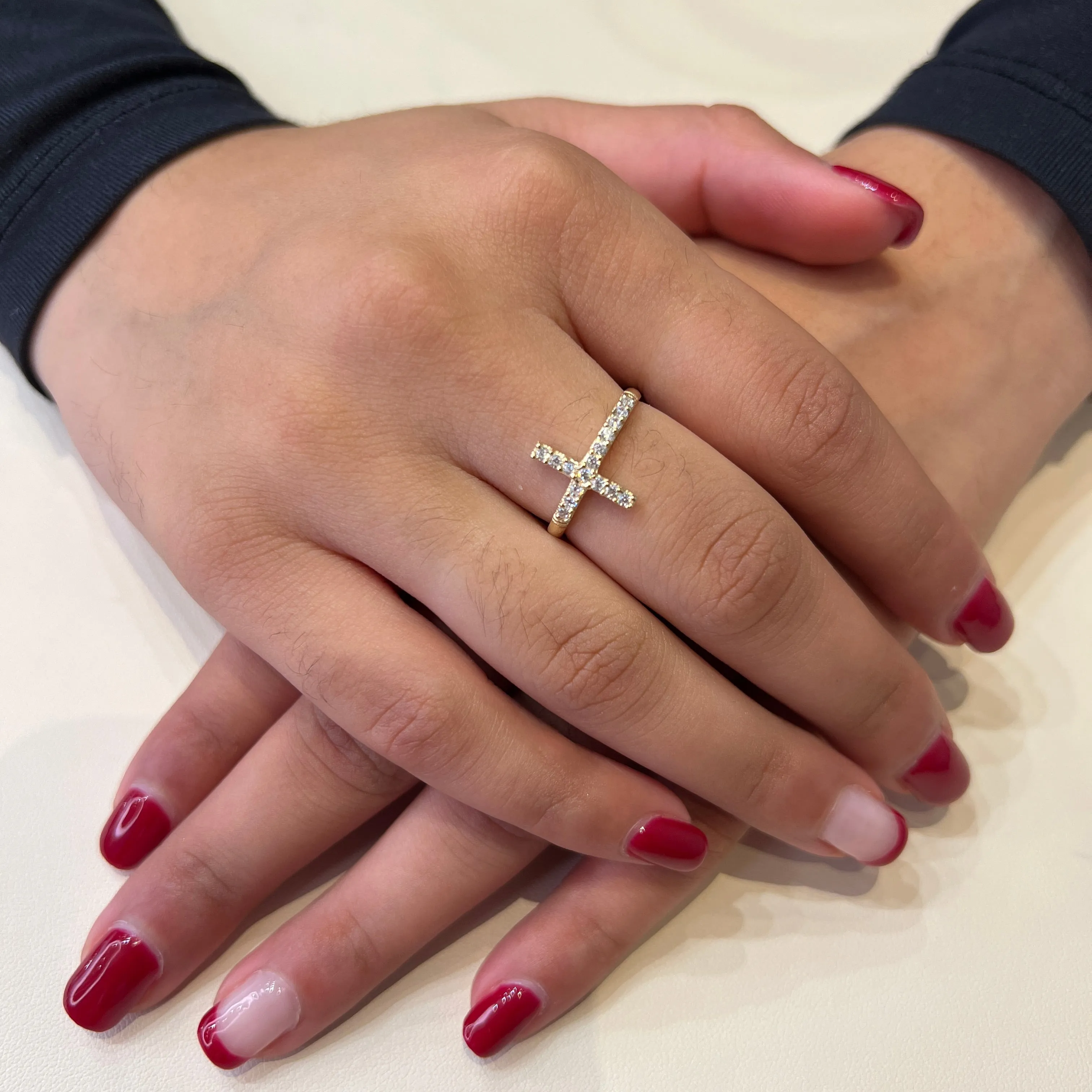 10K Yellow Gold Sideway Cross Cubic Zirconia Ring
