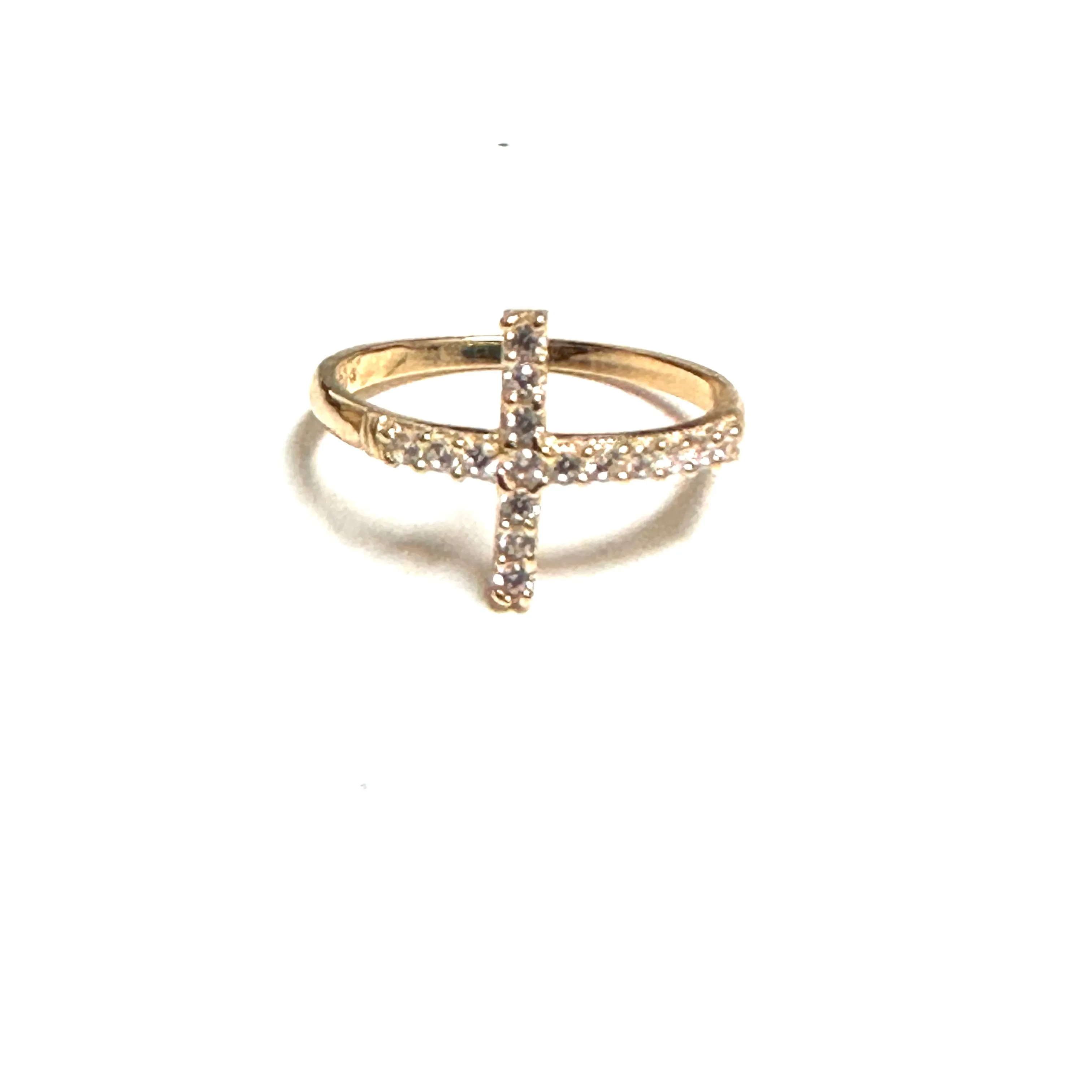 10K Yellow Gold Sideway Cross Cubic Zirconia Ring