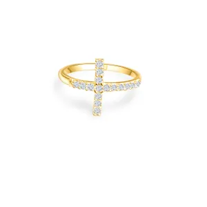 10K Yellow Gold Sideway Cross Cubic Zirconia Ring