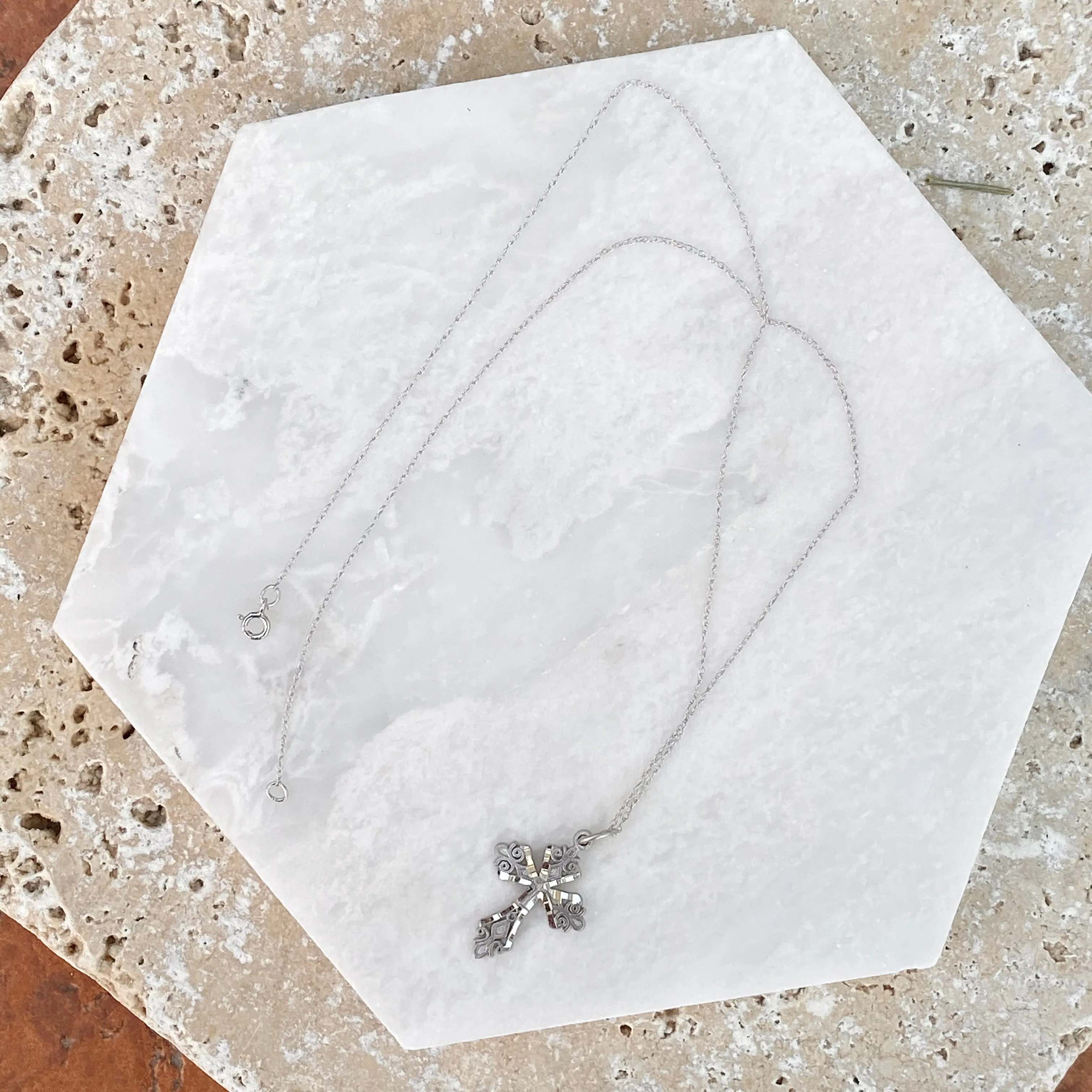 10KT White Gold Diamond-Cut Detailed Cross Pendant Necklace