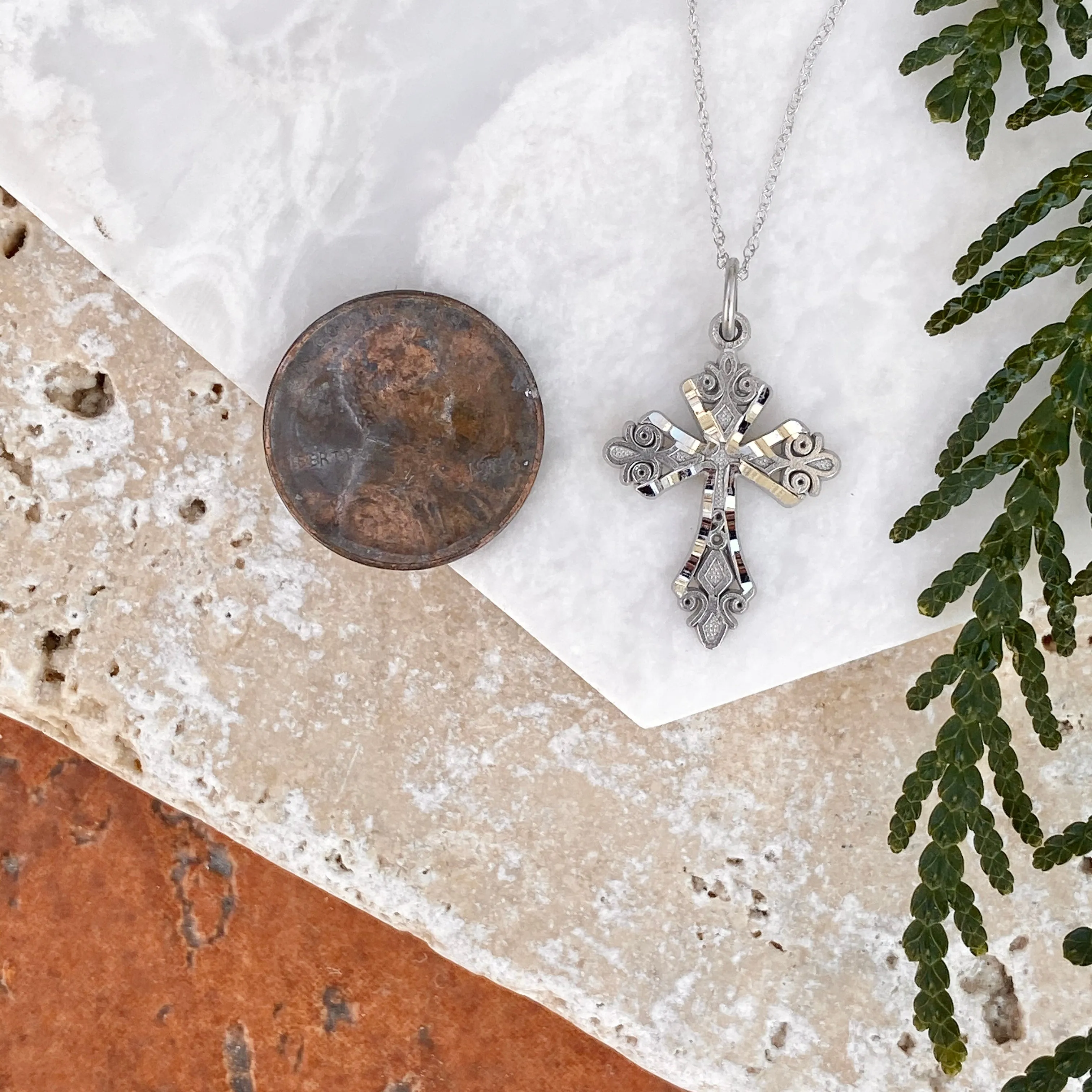 10KT White Gold Diamond-Cut Detailed Cross Pendant Necklace