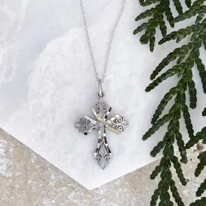 10KT White Gold Diamond-Cut Detailed Cross Pendant Necklace