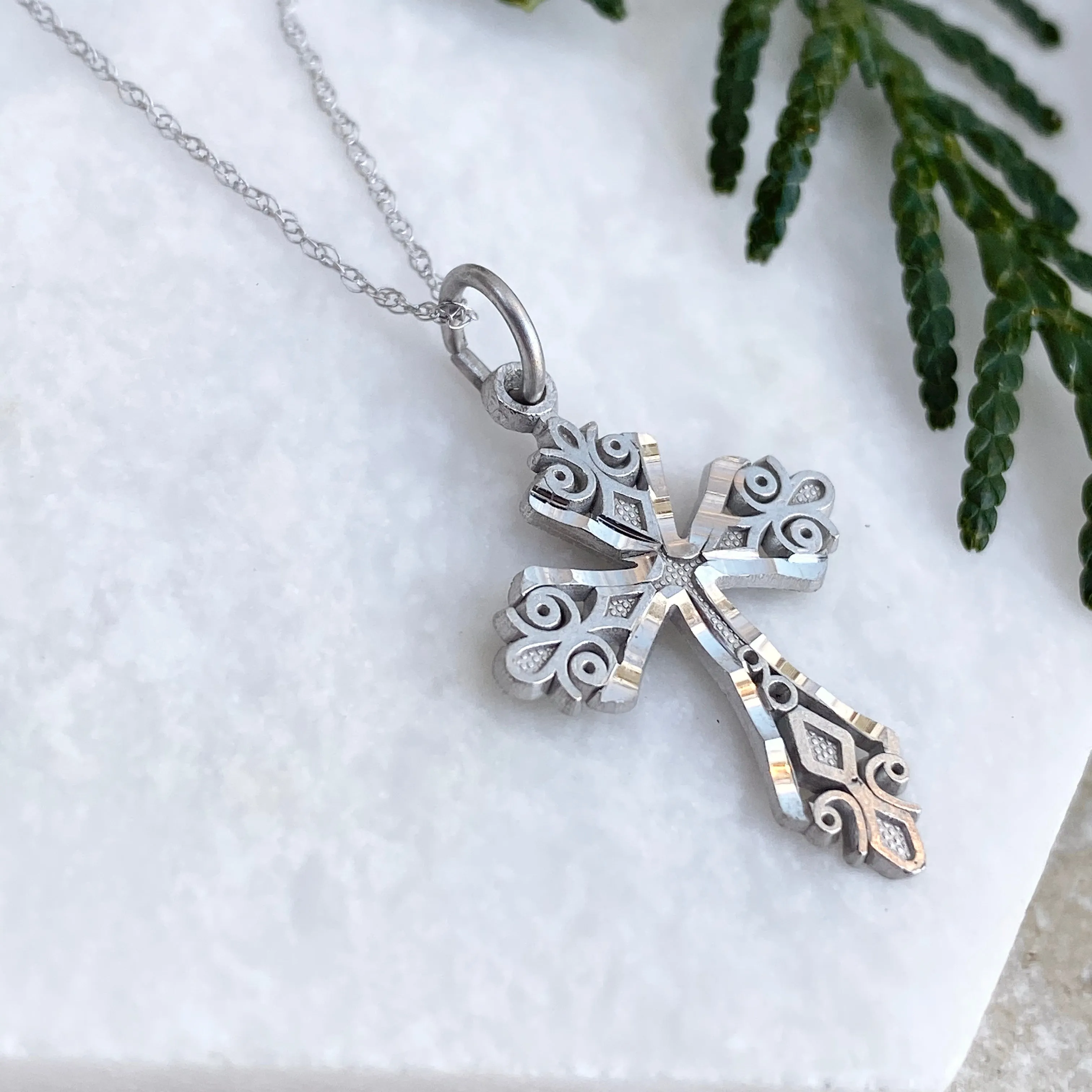10KT White Gold Diamond-Cut Detailed Cross Pendant Necklace