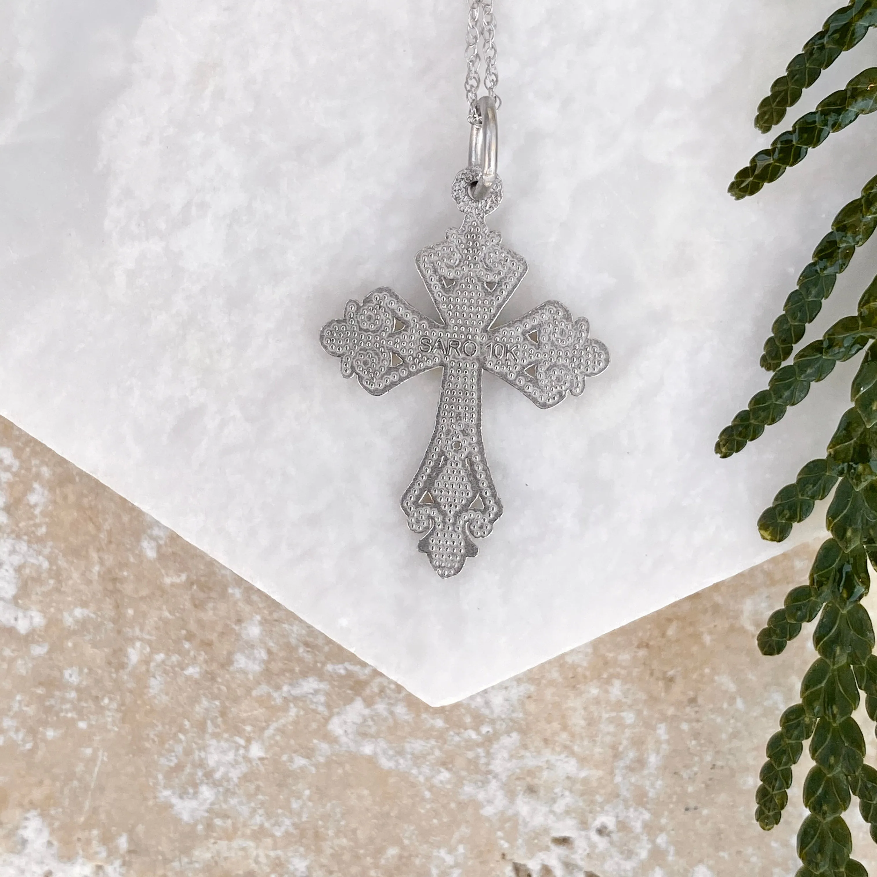 10KT White Gold Diamond-Cut Detailed Cross Pendant Necklace