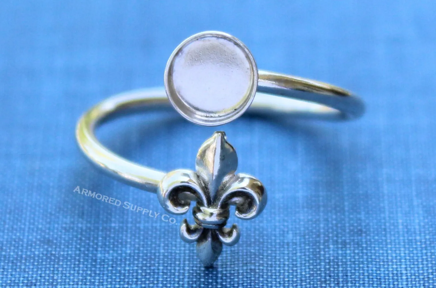 10mm silver Round Fleur De Lis Wrap Bypass Adjustable Ring blank