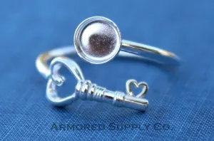 10mm silver Round Heart Key Wrap Bypass Adjustable Ring blank