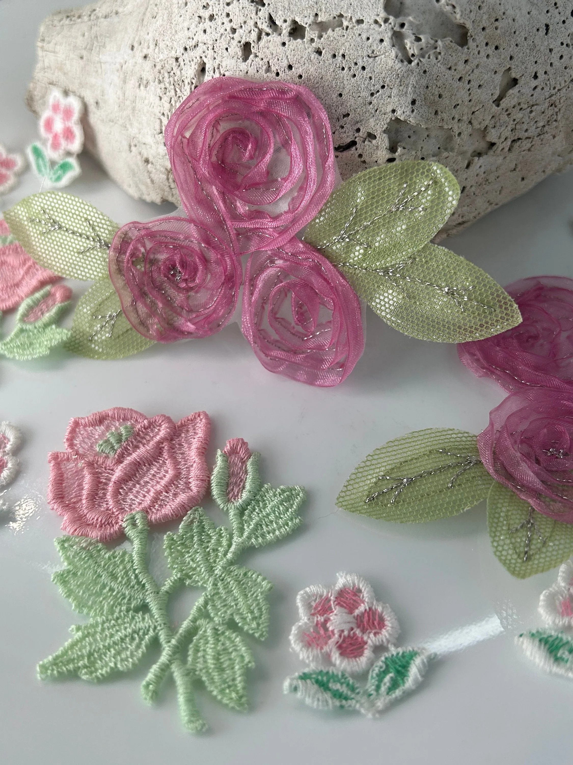 10pcs Pack Elegant Pink Vintage Lace Floral Appliqué – Sheer Rose Embellishments for Beautiful Crafting #31