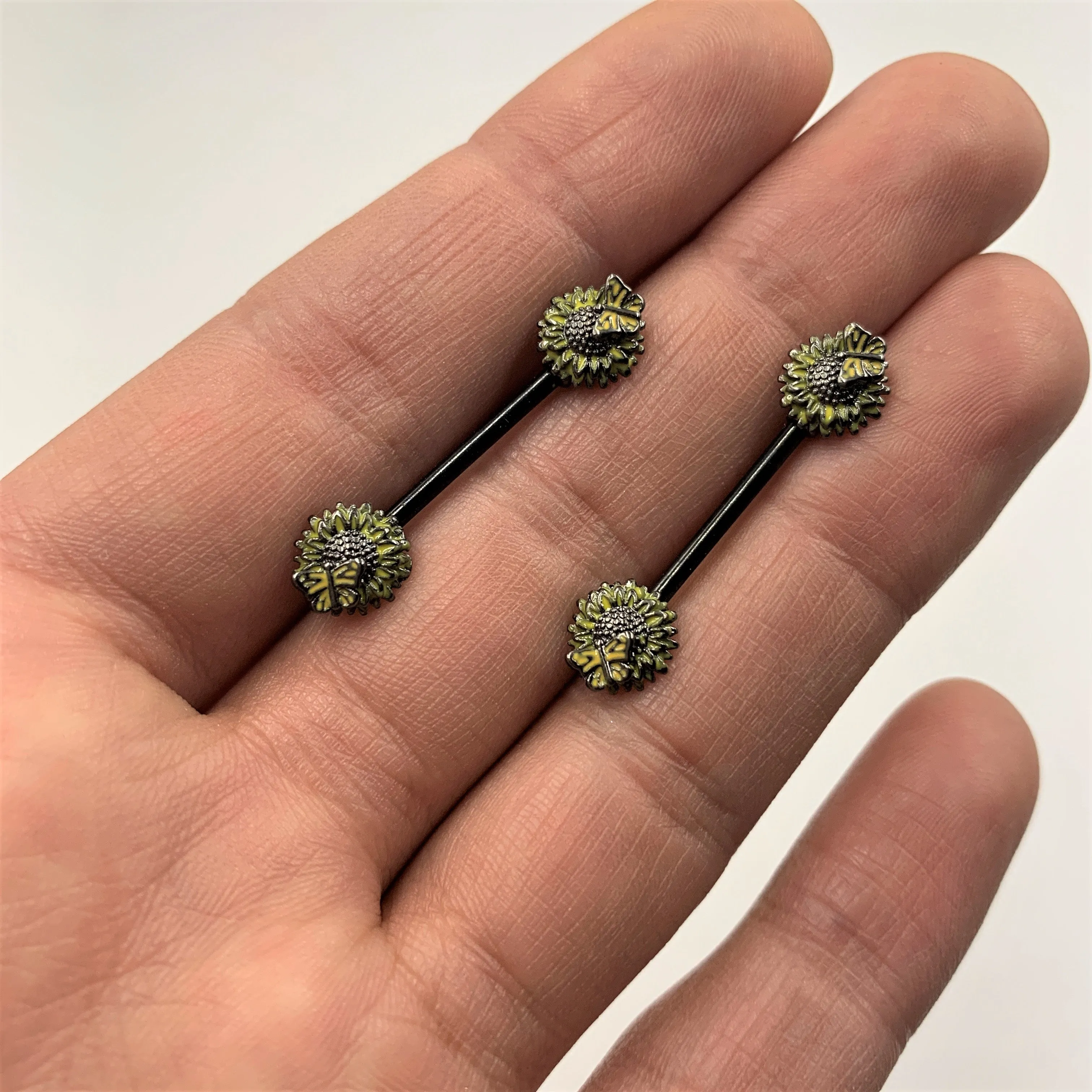 14 Gauge 5/8 Black Sunflower Butterfly Barbell Nipple Ring Set