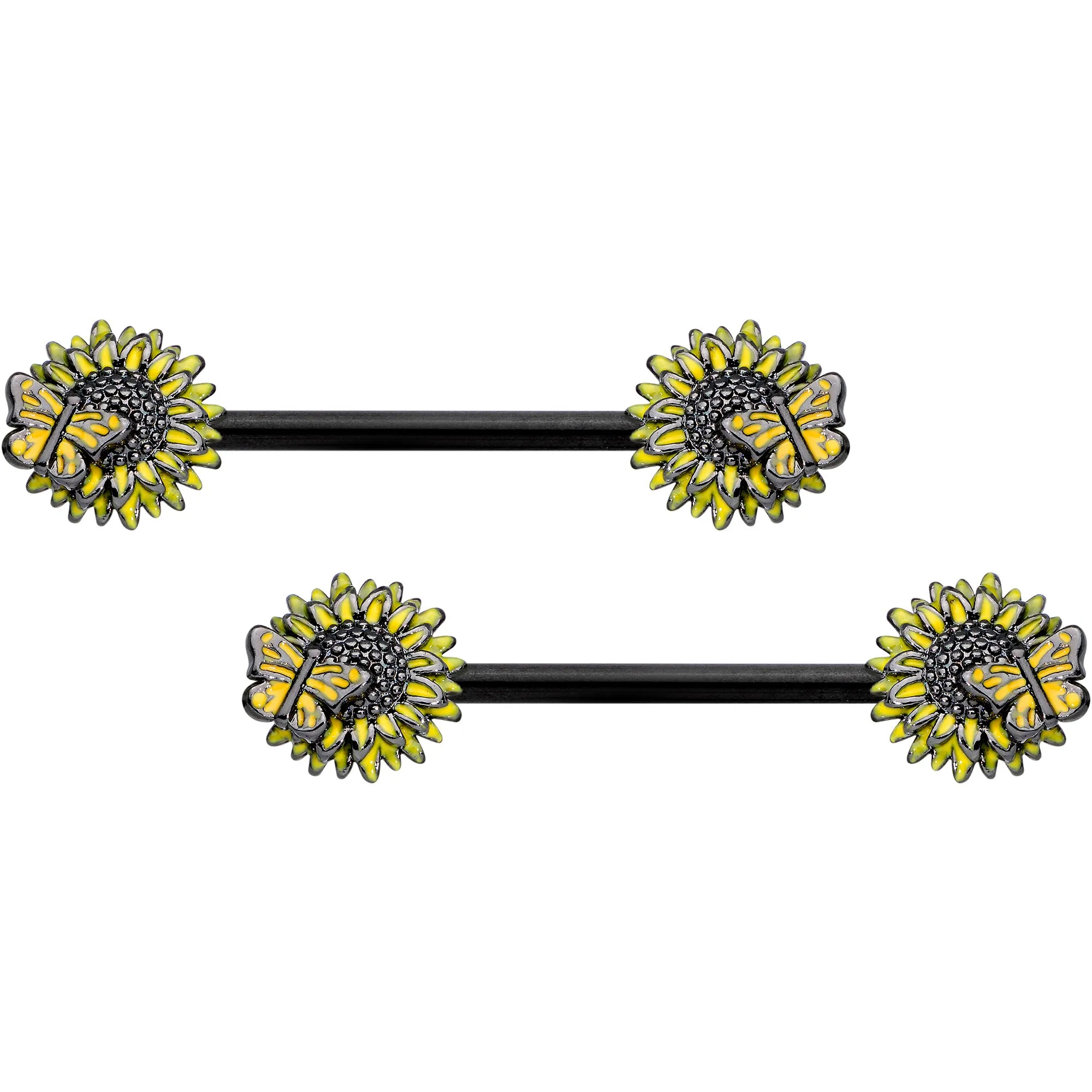 14 Gauge 5/8 Black Sunflower Butterfly Barbell Nipple Ring Set
