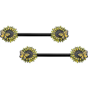 14 Gauge 5/8 Black Sunflower Butterfly Barbell Nipple Ring Set