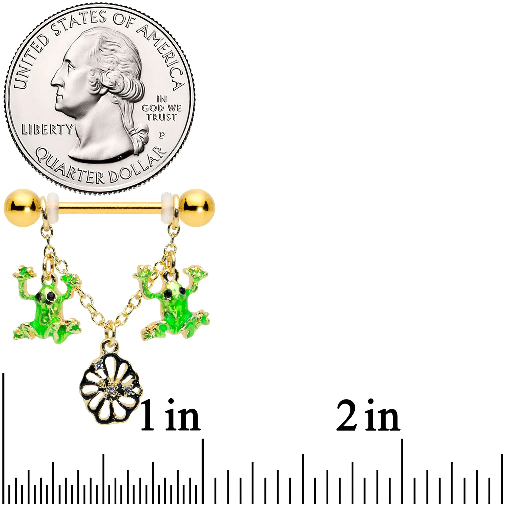 14 Gauge 5/8 Clear Gem Gold Tone Frog Flower Dangle Nipple Ring Set