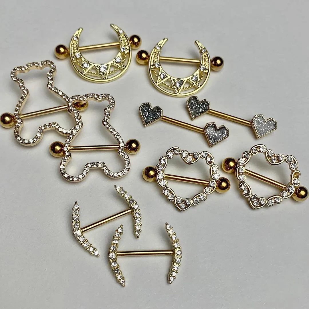 14 Gauge 5/8 Clear Gem Gold Tone Teddy Bear Nipple Shield Set