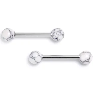 14 Gauge 5/8 White Howlite Natural Stone Barbell Nipple Ring Set