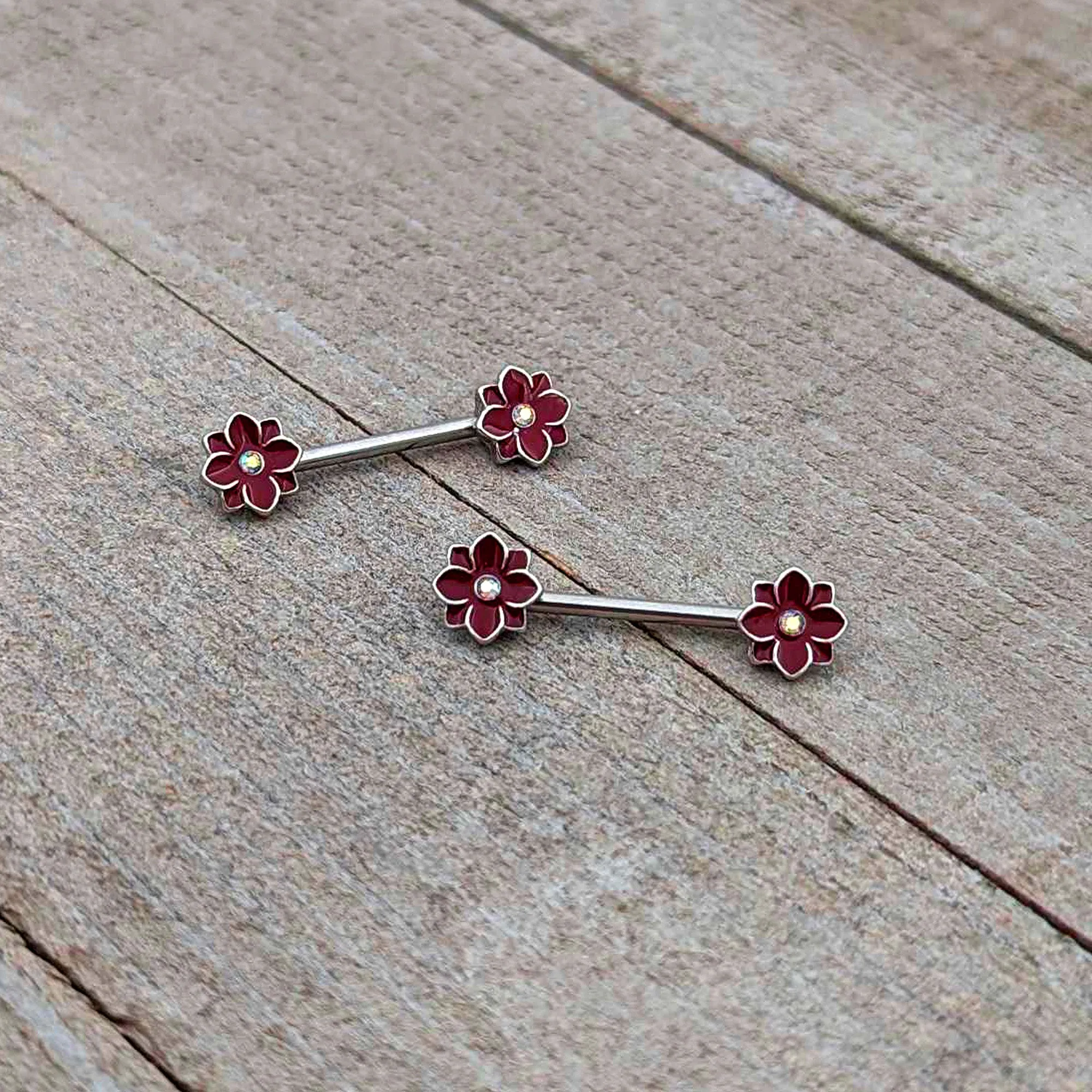 14 Gauge 9/16 Aurora Gem Poinsettia Flower Barbell Nipple Ring Set
