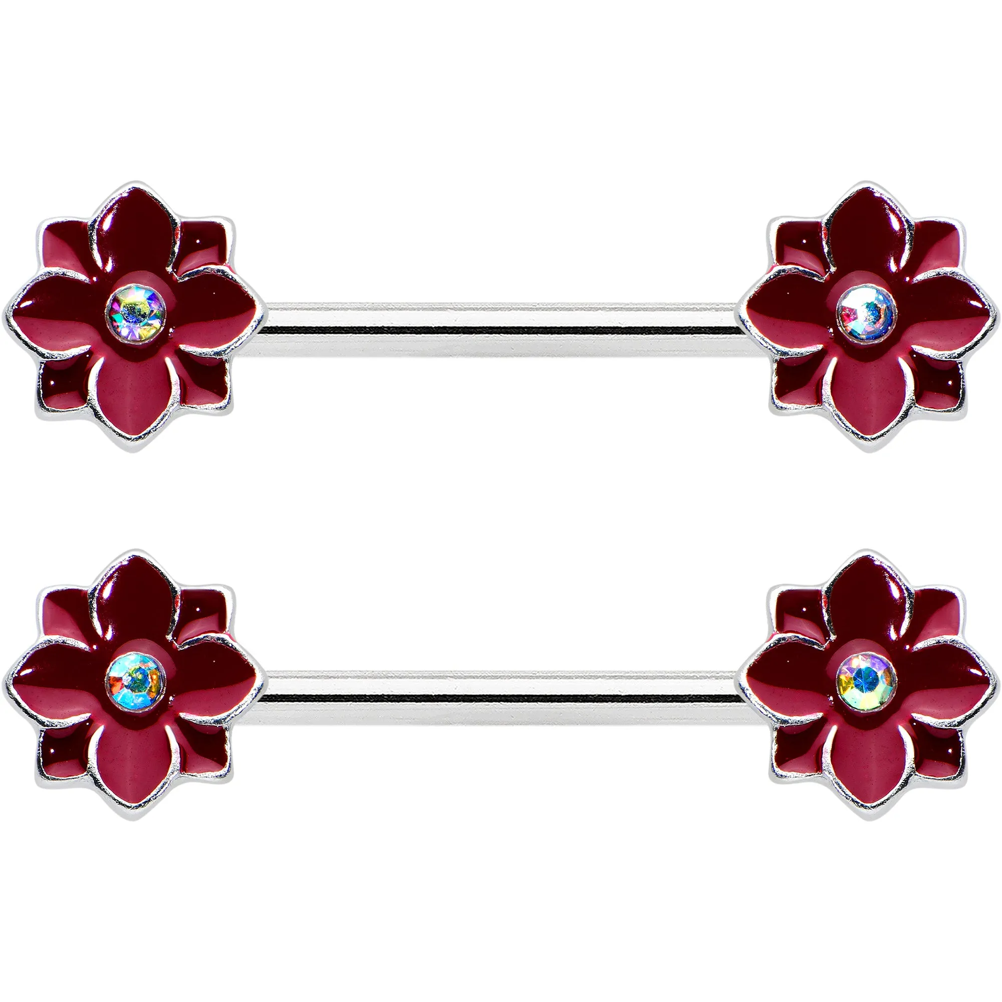 14 Gauge 9/16 Aurora Gem Poinsettia Flower Barbell Nipple Ring Set