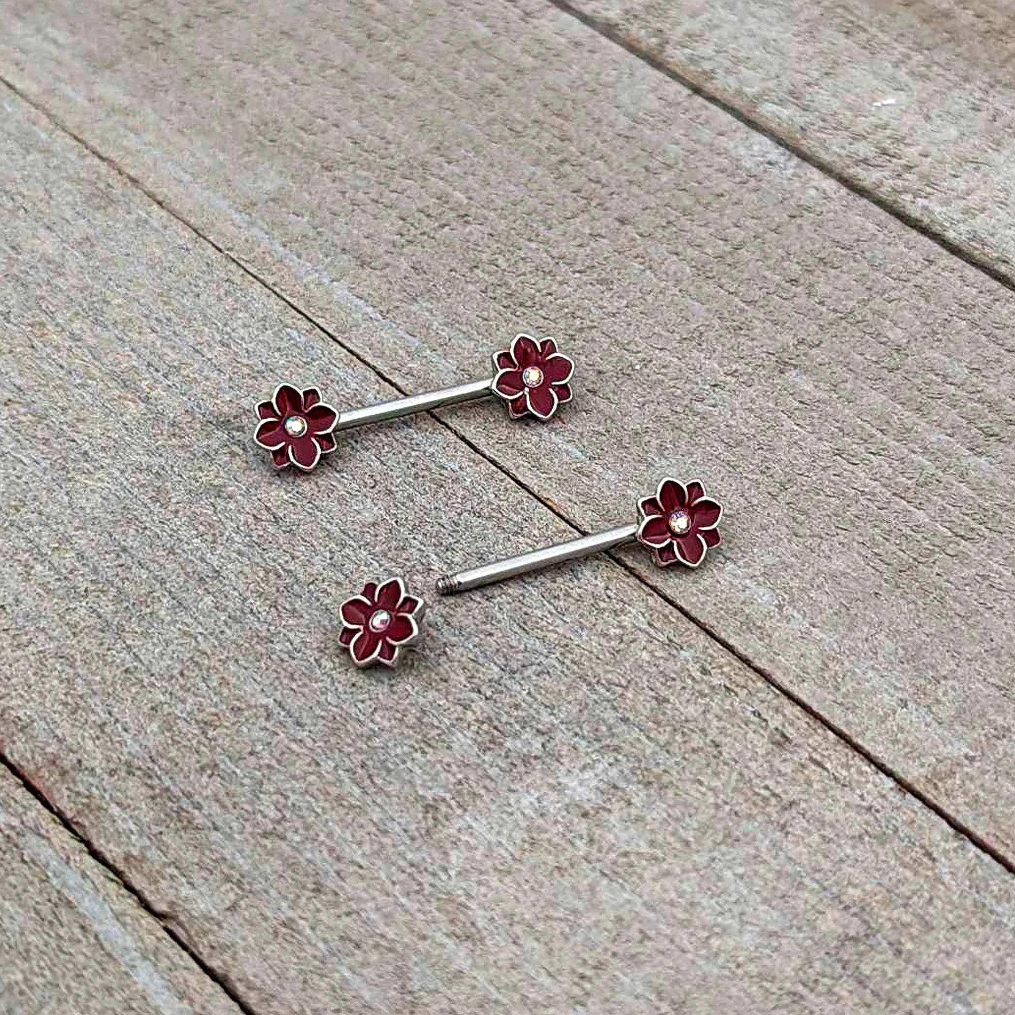 14 Gauge 9/16 Aurora Gem Poinsettia Flower Barbell Nipple Ring Set