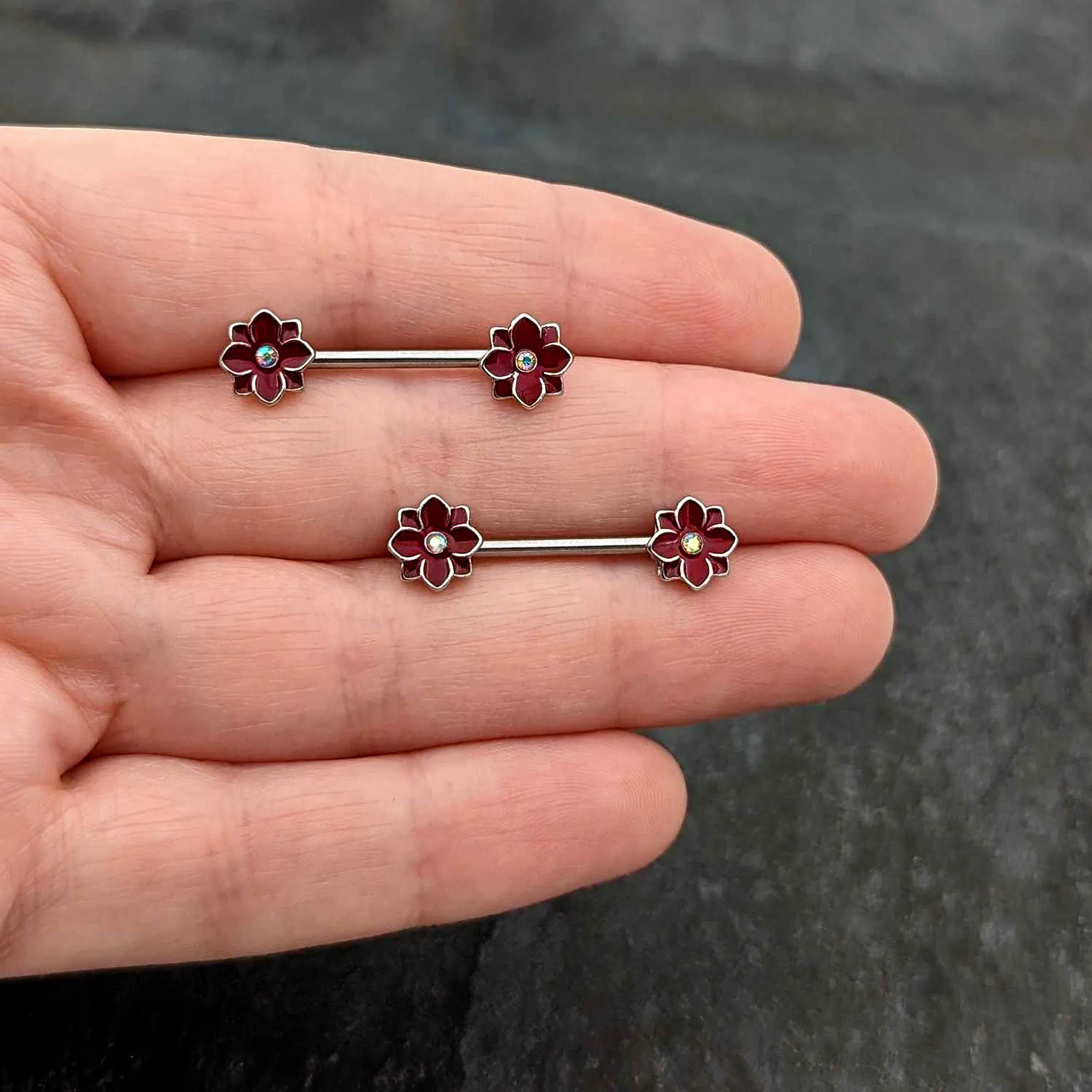 14 Gauge 9/16 Aurora Gem Poinsettia Flower Barbell Nipple Ring Set