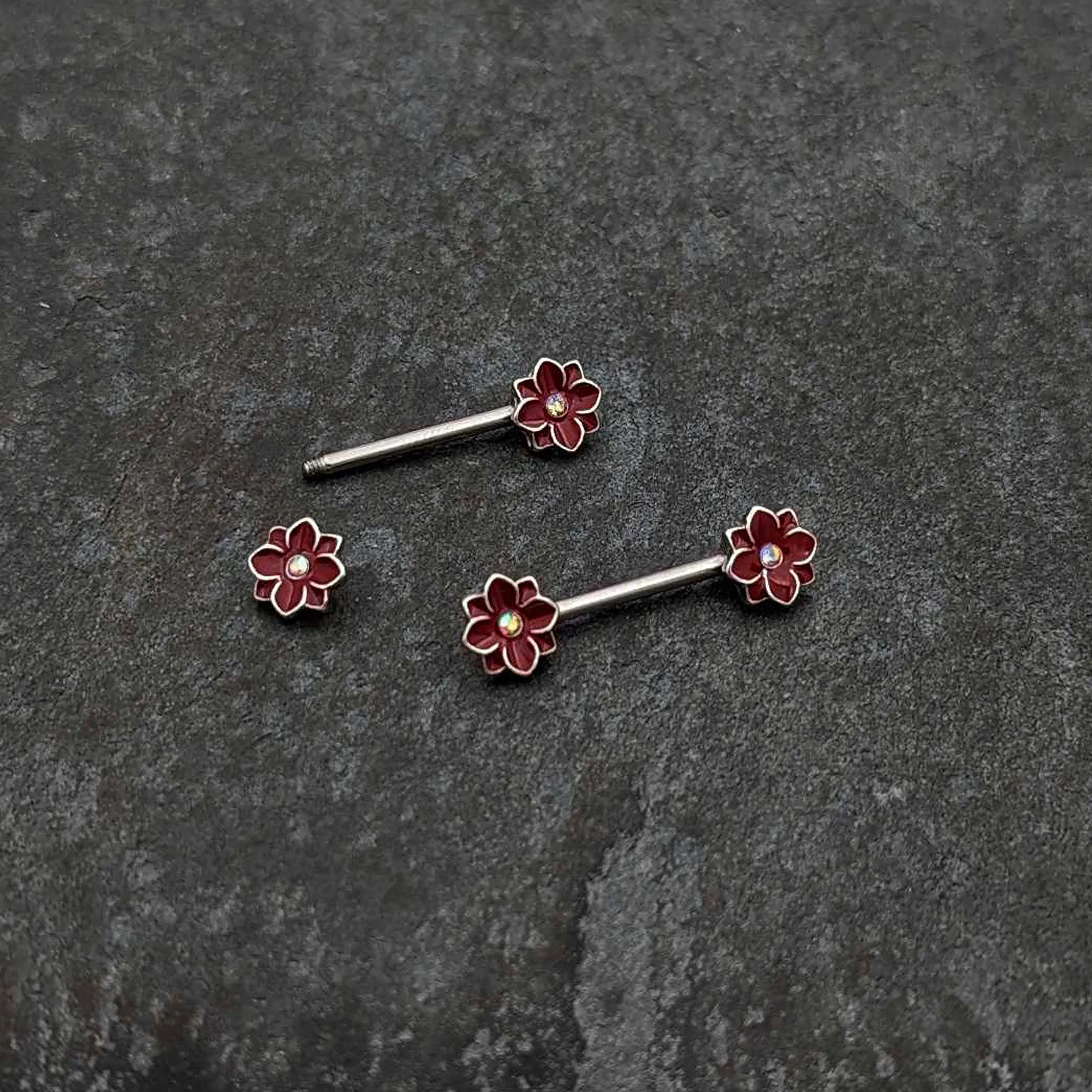 14 Gauge 9/16 Aurora Gem Poinsettia Flower Barbell Nipple Ring Set