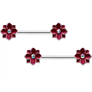 14 Gauge 9/16 Aurora Gem Poinsettia Flower Barbell Nipple Ring Set