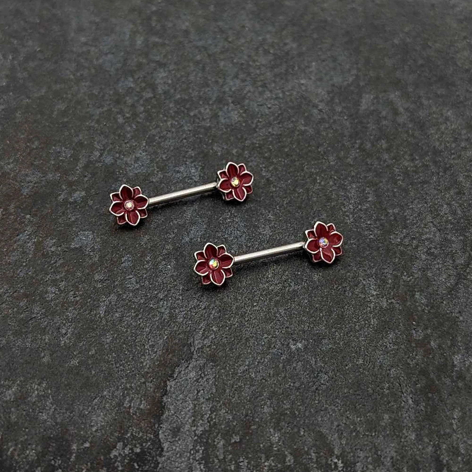 14 Gauge 9/16 Aurora Gem Poinsettia Flower Barbell Nipple Ring Set