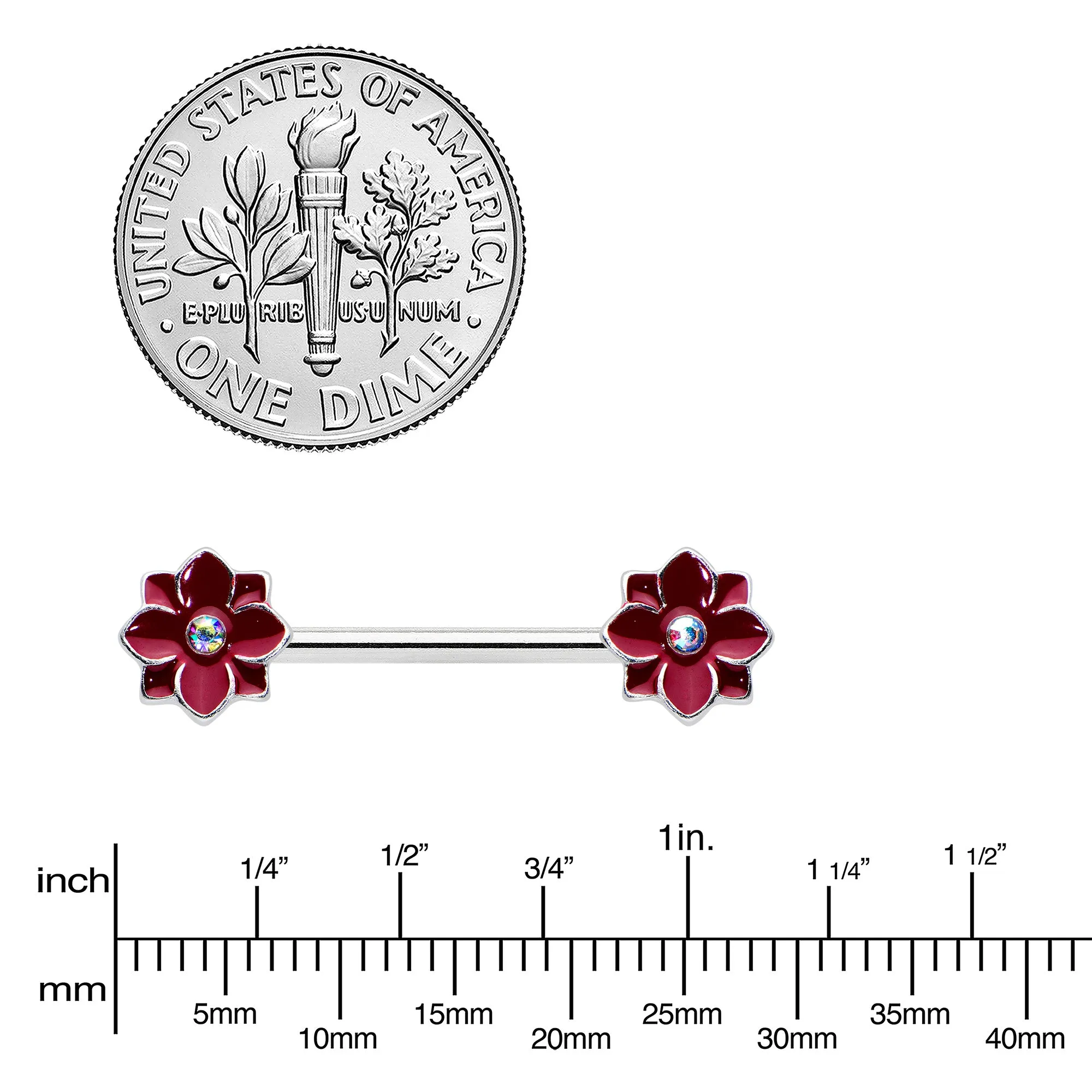 14 Gauge 9/16 Aurora Gem Poinsettia Flower Barbell Nipple Ring Set