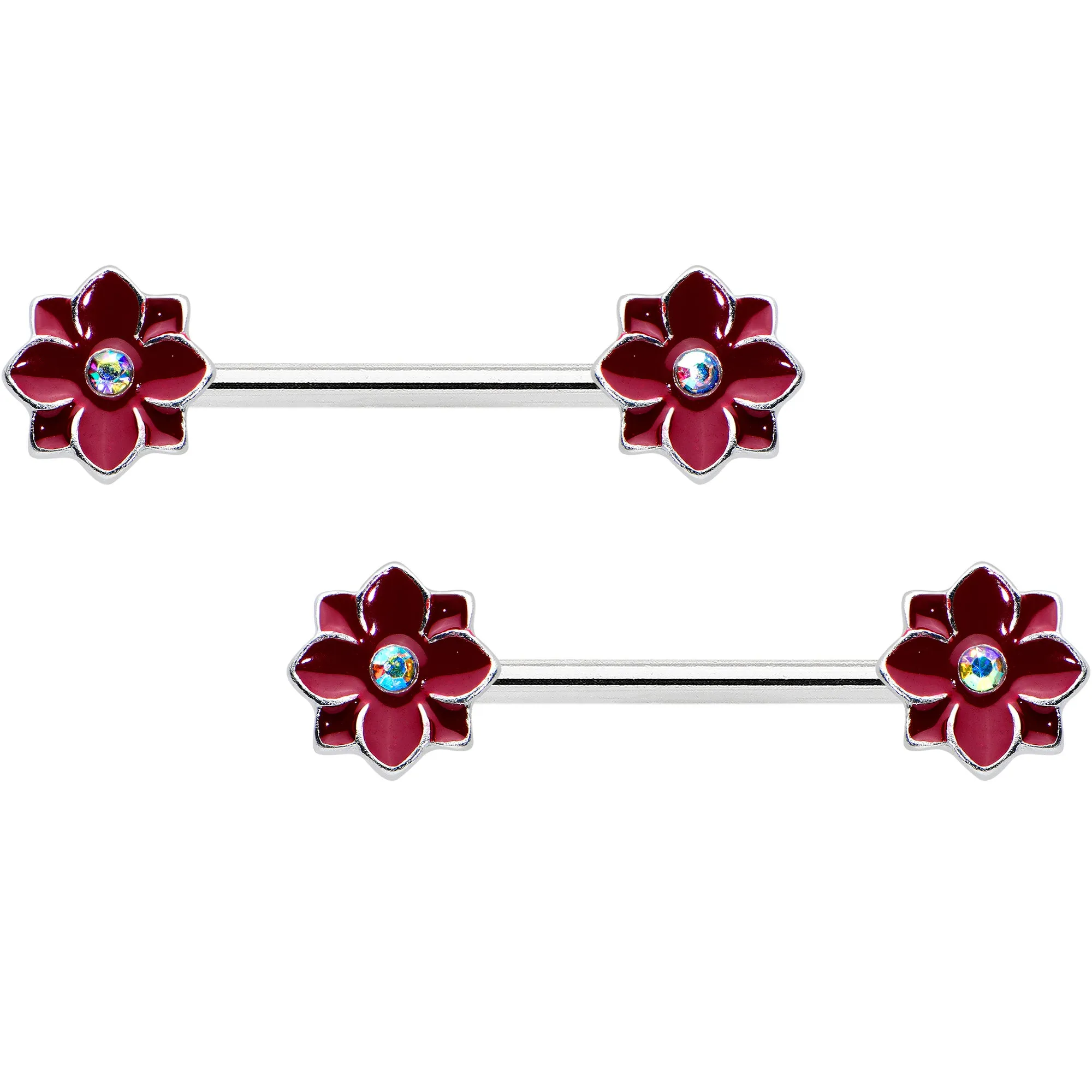 14 Gauge 9/16 Aurora Gem Poinsettia Flower Barbell Nipple Ring Set