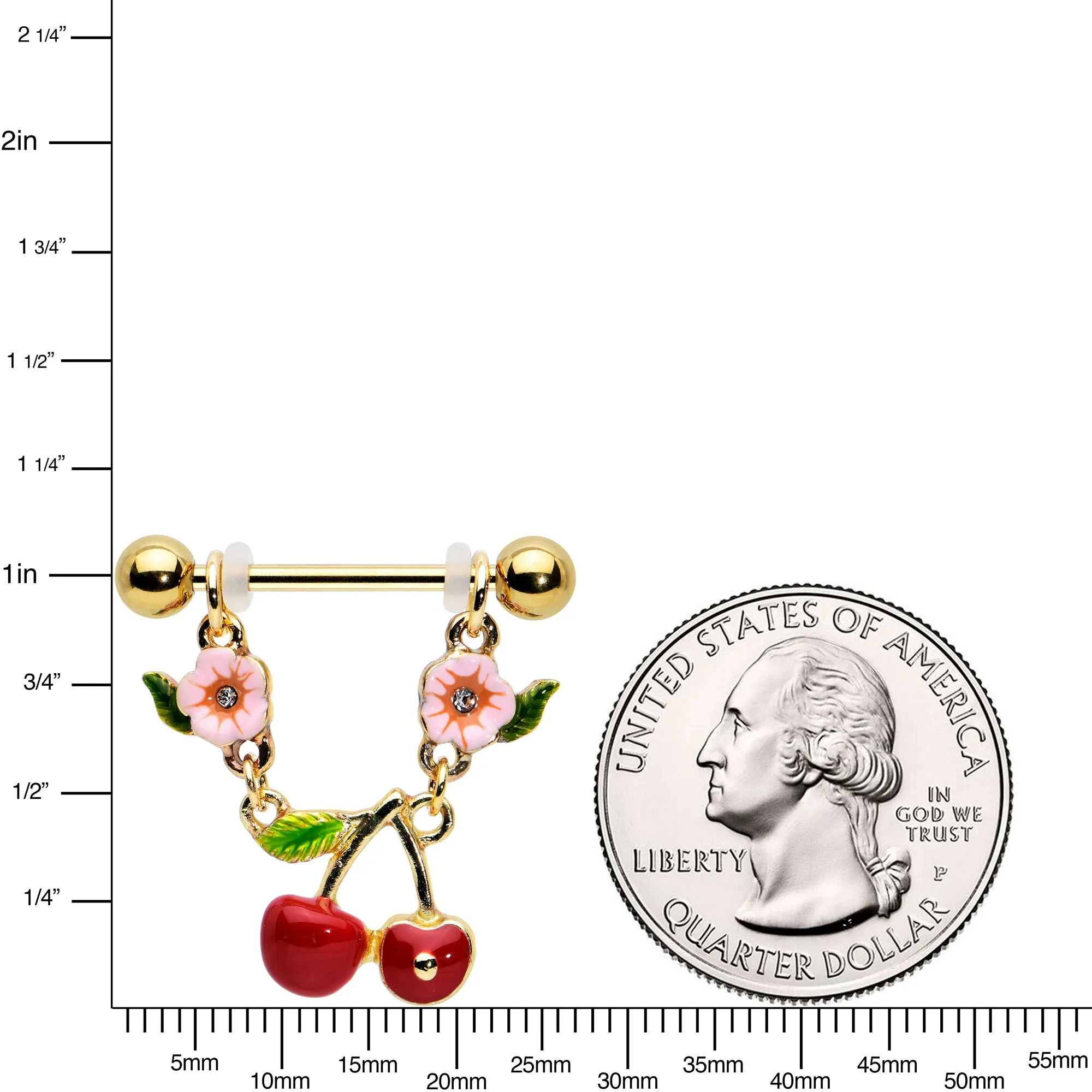 14 Gauge 9/16 Clear Gem Gold Tone Cherry Fruit Dangle Nipple Ring Set