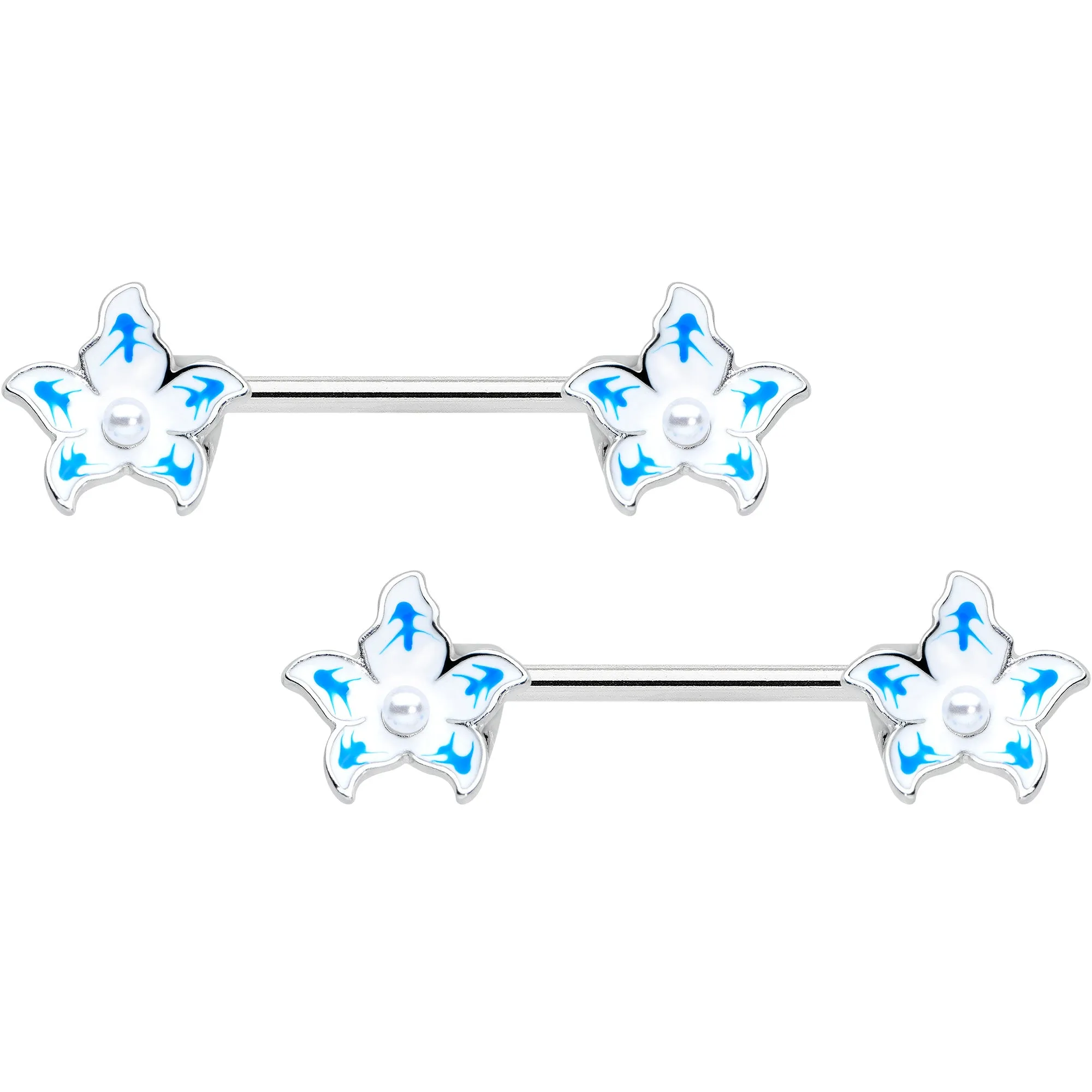 14 Gauge 9/16 Pearlescent Orb Flower Blue Barbell Nipple Ring Set