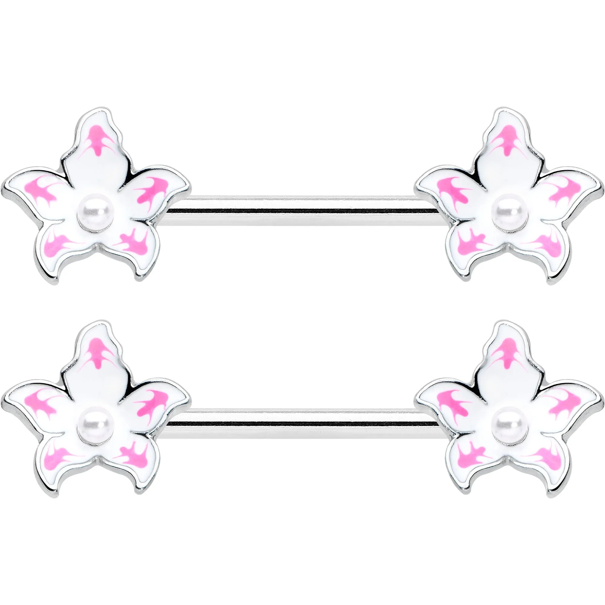 14 Gauge 9/16 Pearlescent Orb Pink White Flower Barbell Nipple Ring Set