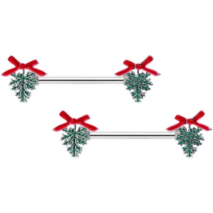 14 Gauge 9/16 Pine Bough Red Bow Christmas Barbell Nipple Ring Set