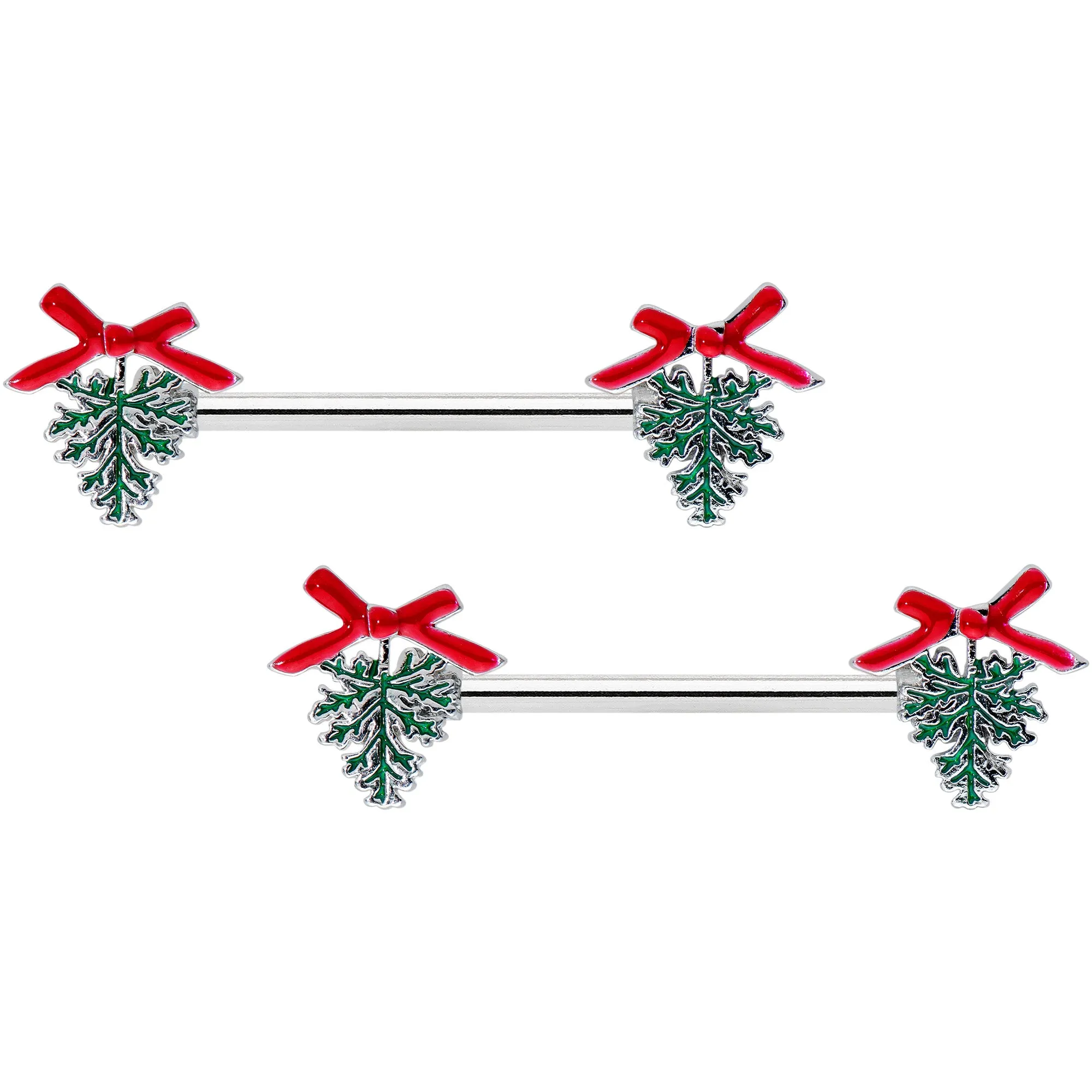 14 Gauge 9/16 Pine Bough Red Bow Christmas Barbell Nipple Ring Set