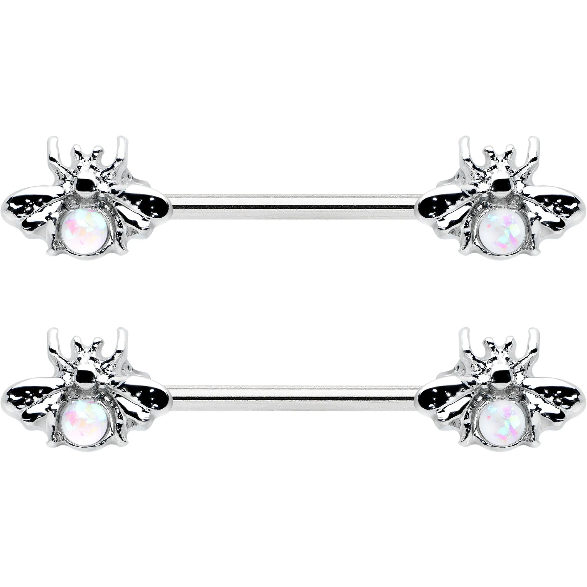14 Gauge 9/16 White Faux Opal Bee Beauty Insect Barbell Nipple Ring Set