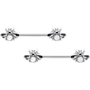 14 Gauge 9/16 White Faux Opal Bee Beauty Insect Barbell Nipple Ring Set