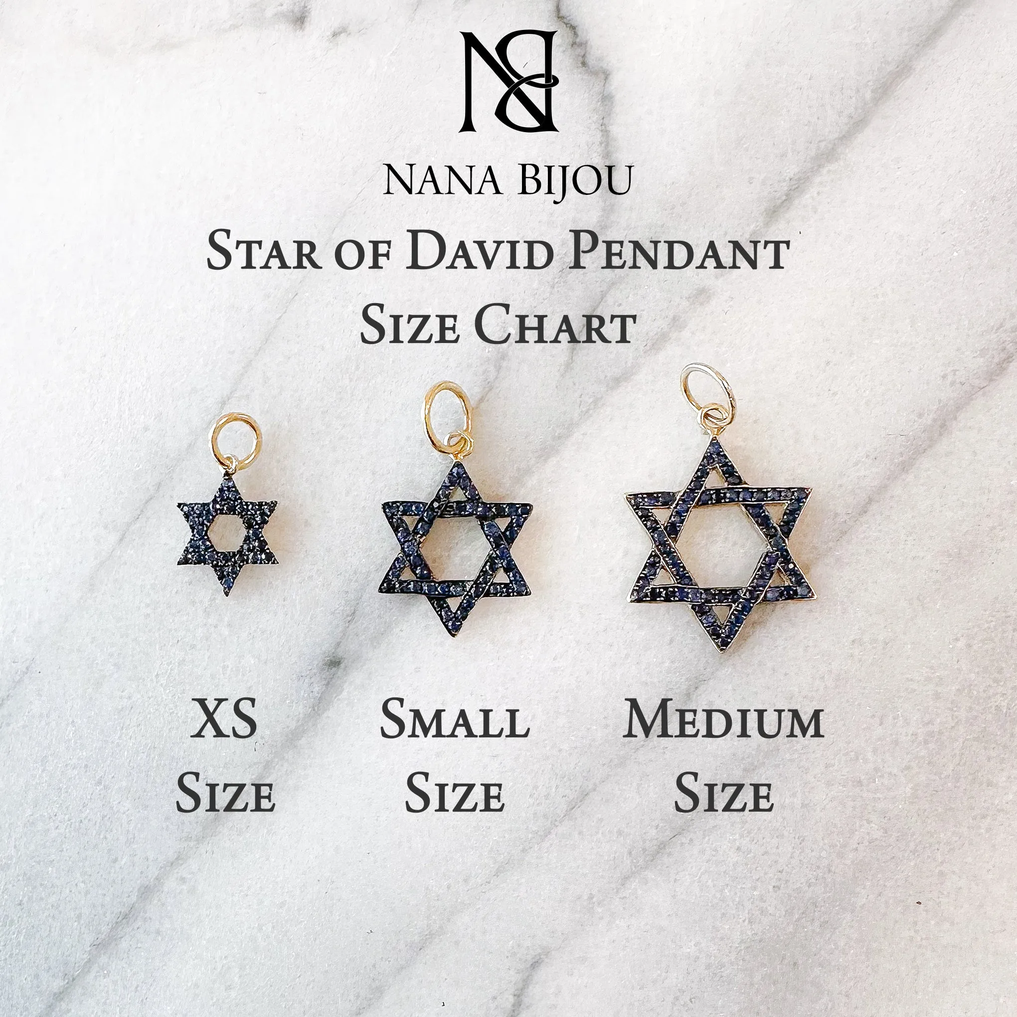 14K Gold Black Diamond Star of David Charm Pendant, Medium Size