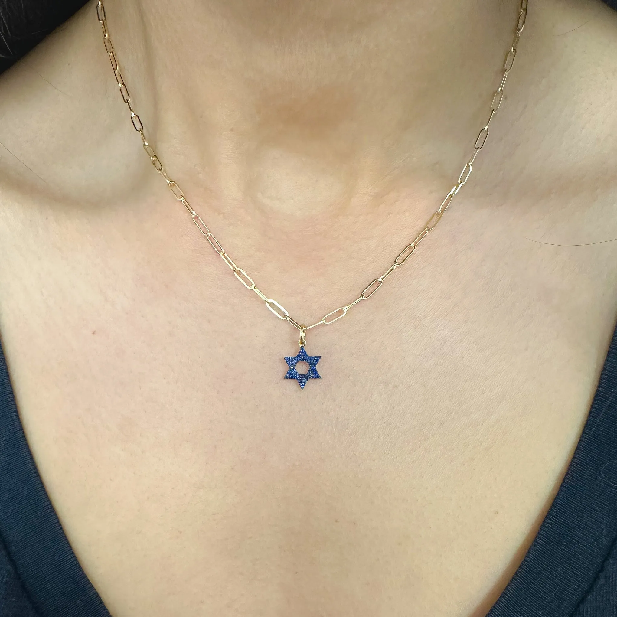 14K Gold Blue Sapphire Star of David Charm Pendant, XS Size