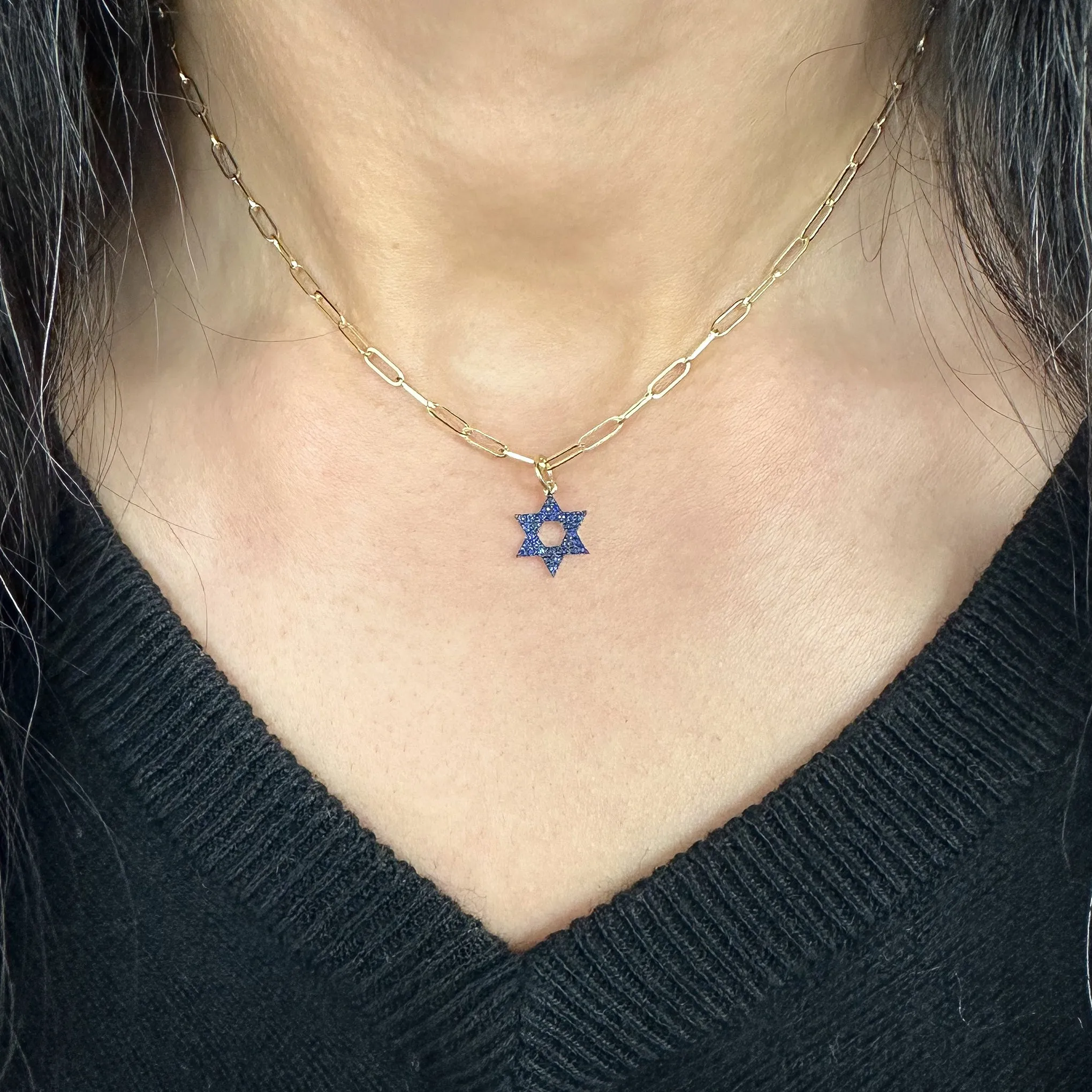 14K Gold Blue Sapphire Star of David Charm Pendant, XS Size