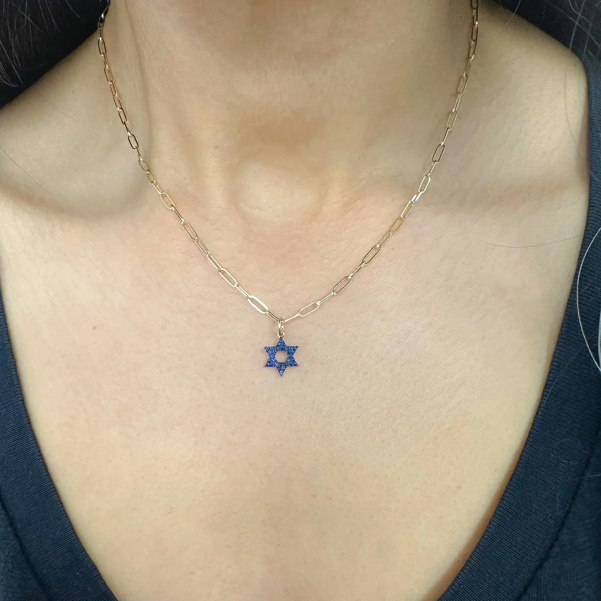 14K Gold Blue Sapphire Star of David Charm Pendant, XS Size