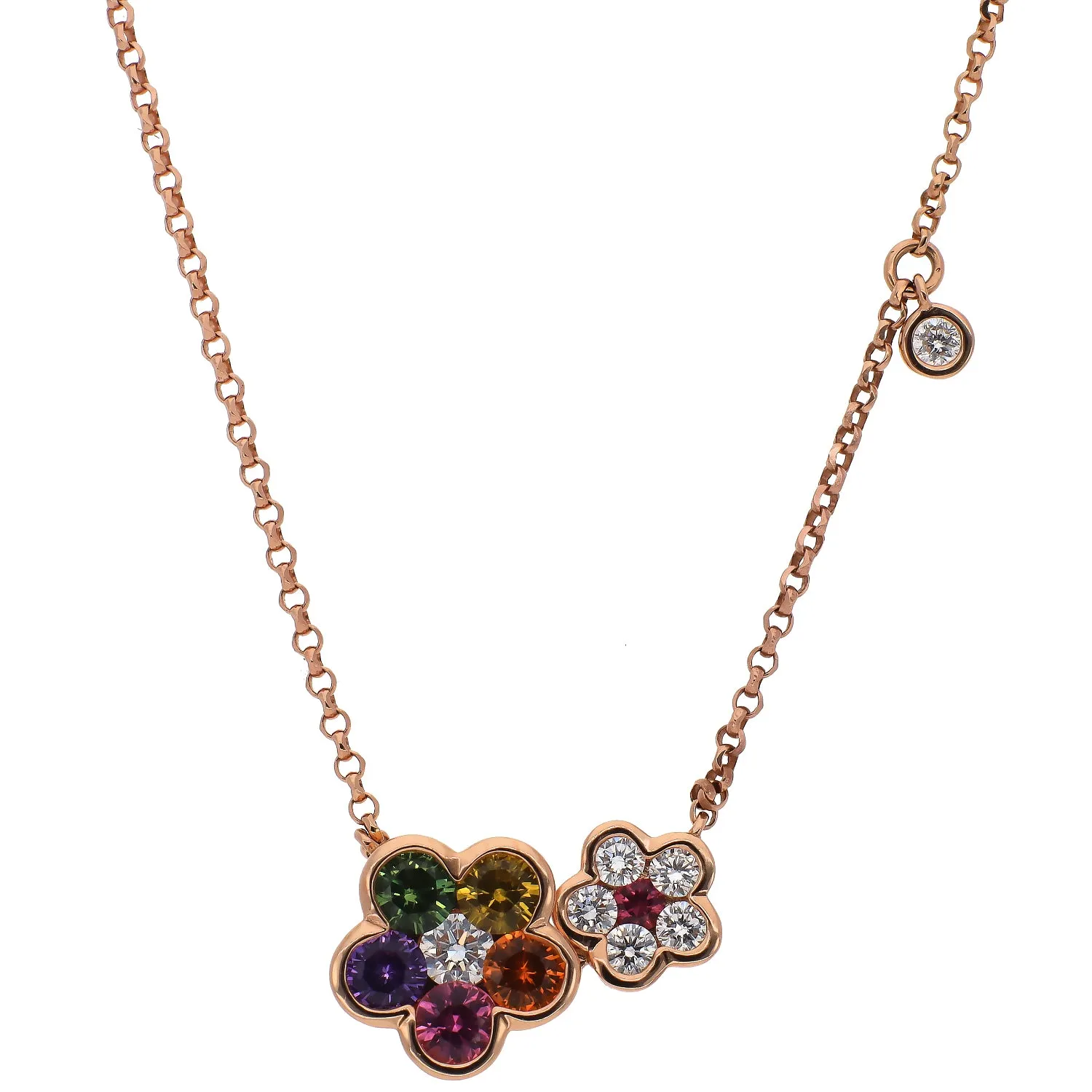 14K Rose Gold Multi Color Sapphires and Diamonds Flower Design 18" Necklace