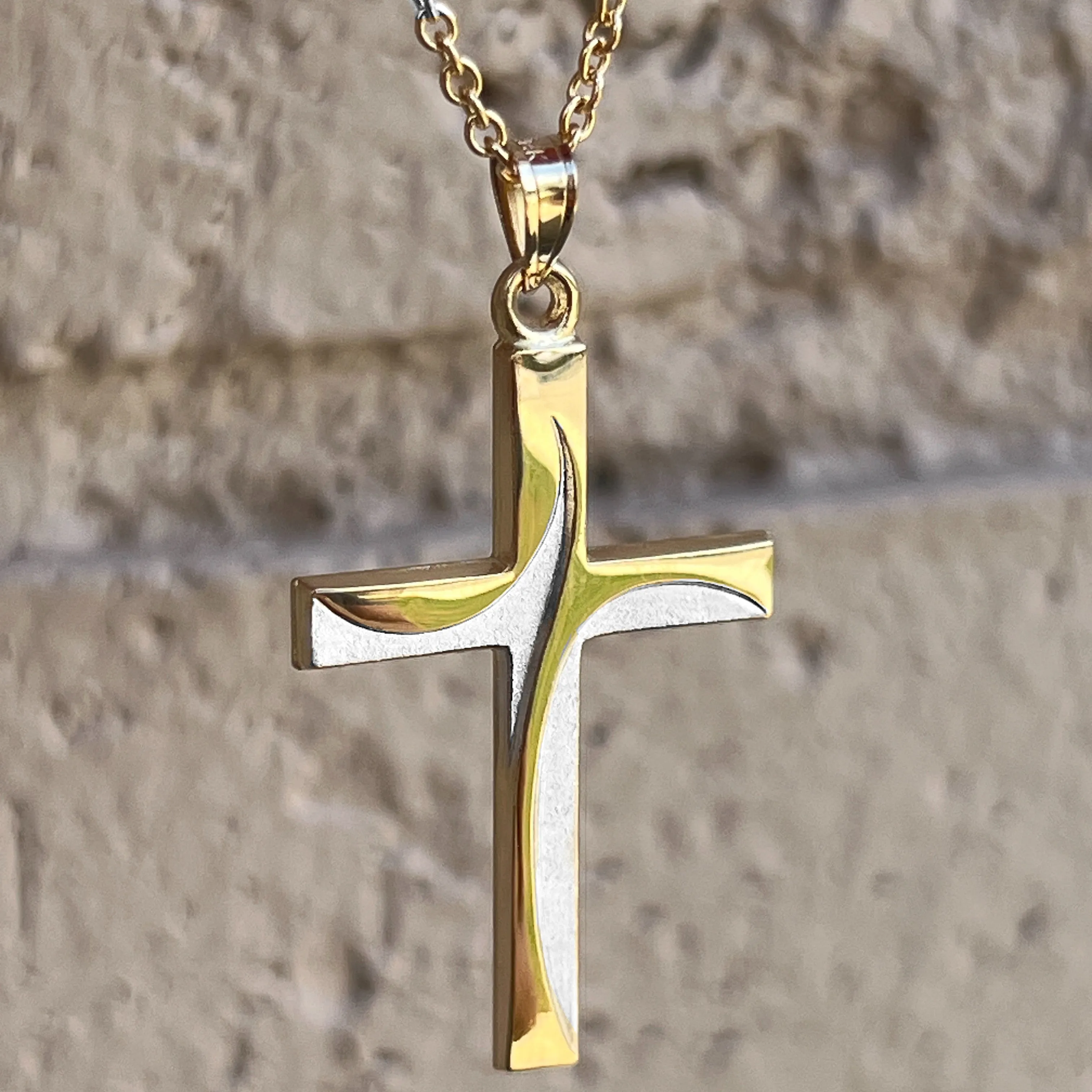 14K TWO-TONE GOLD SWIRL CROSS PENDANT