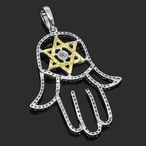 14K White Solid Gold Womens Diamond Hamsa Pendant 0.55 Ctw